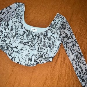 NEVER WORN! Sheer Baby Blue Drawings Crop Top